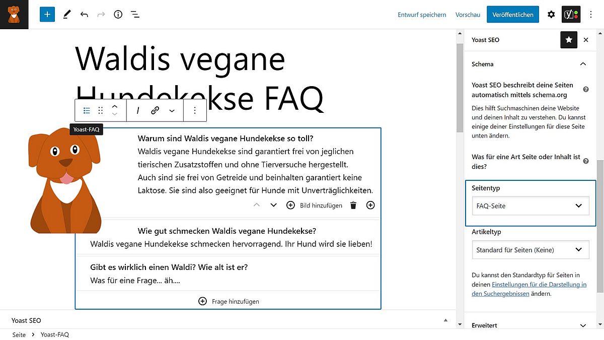 Yoast SEO-Anleitung Abbildung: Der Hundekeks-Shop mit seiner FAQ-Seite