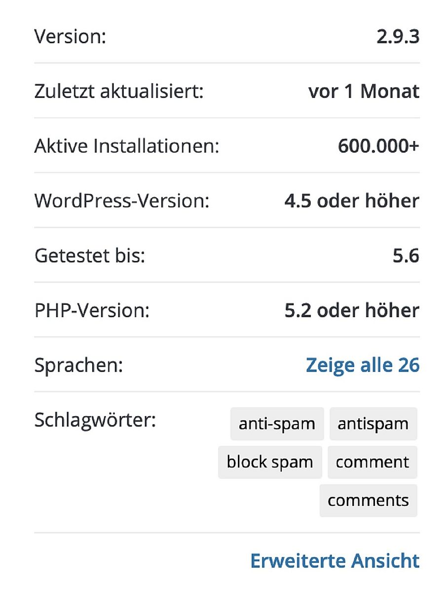 WordPress.org gibt detaillierte Informationen über letzte Updates, die aktuelle Version und andere Eckdaten eines Plugins.