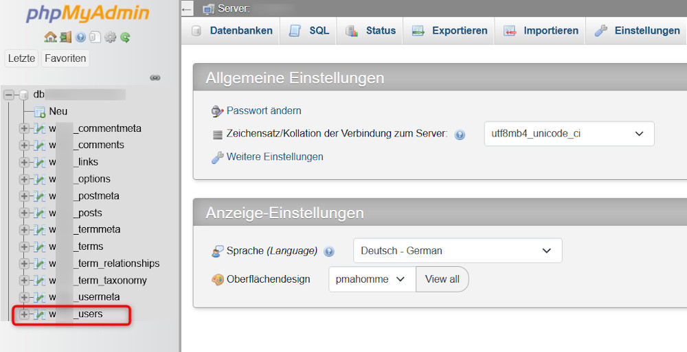 Login-Probleme in WordPress Abbildung - Datenbank öffnen 