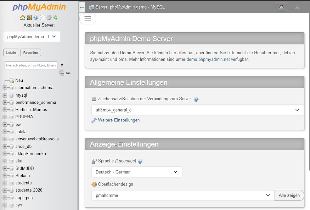 Abbildung - Benutzeroberfläche des Tools phpMyAdmin